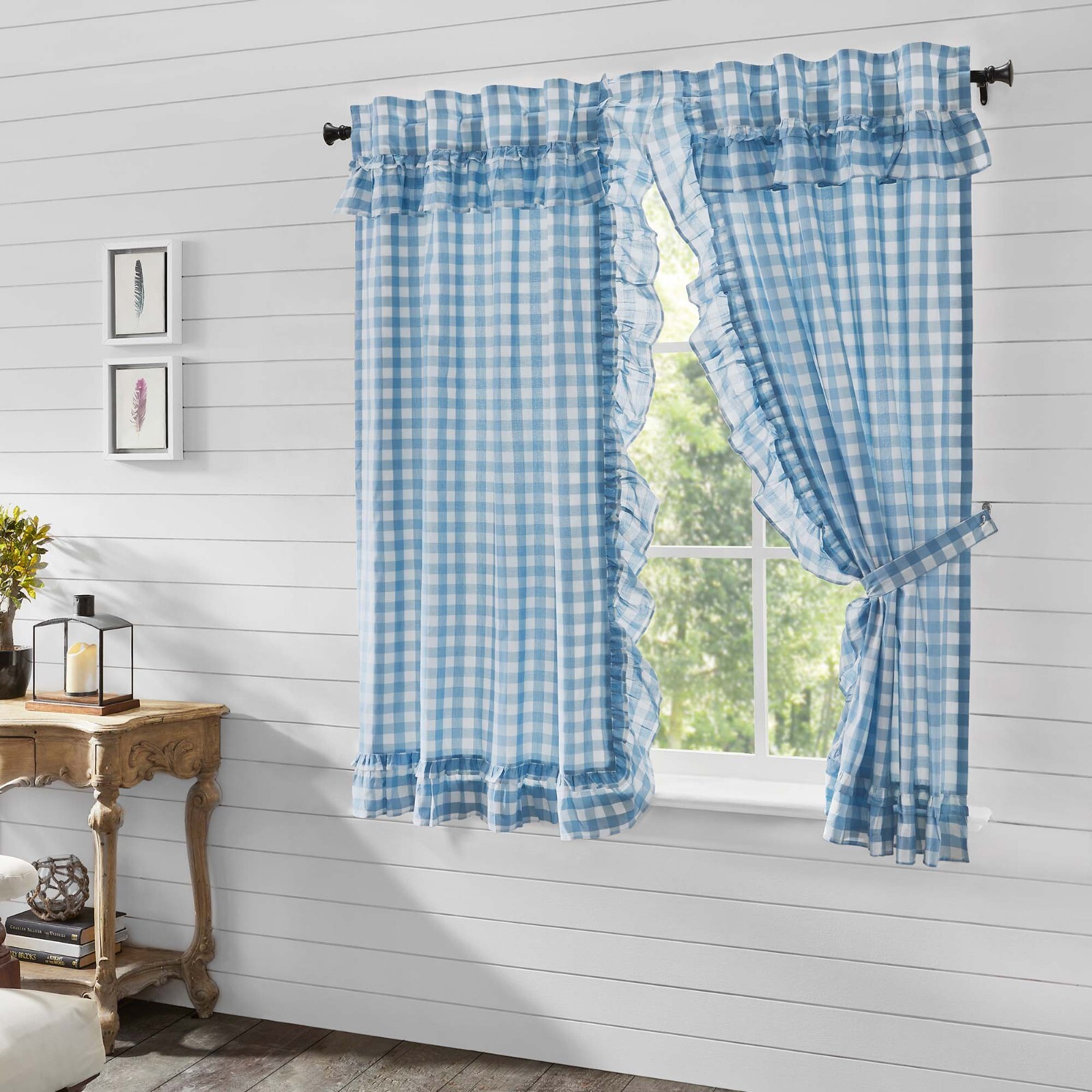 Annie Buffalo Blue Check Ruffled Short PANEL Set Country 63″ CURTAINS Cottage