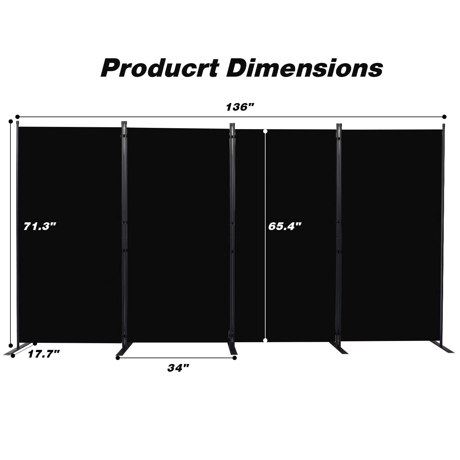 Room Divider, 4 Panel Folding Privacy Screens with Wider Feet, Black | 136″ W…