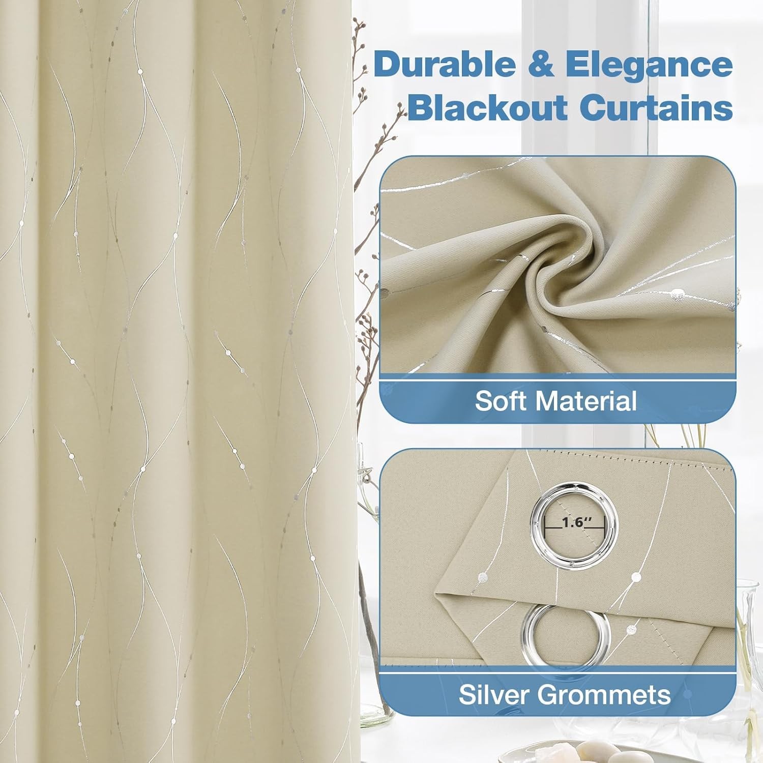 BUHUA Window Treatment Panels DXY 33W×72L Beige Grommet Wave Line Print 1 PANEL