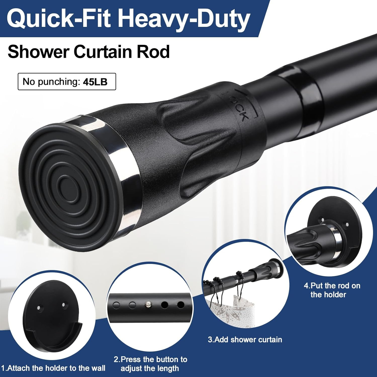 Tension no drill or wall mounted drill shower Curtain closet Rod 60″~115″ Long
