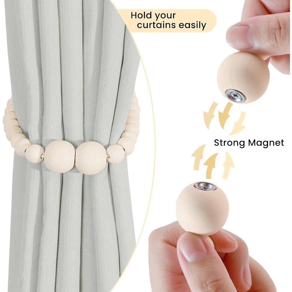 Magnetic Curtain Tiebacks, 2 Pack Curtain Holdbacks for Draperies, Wood Bead
