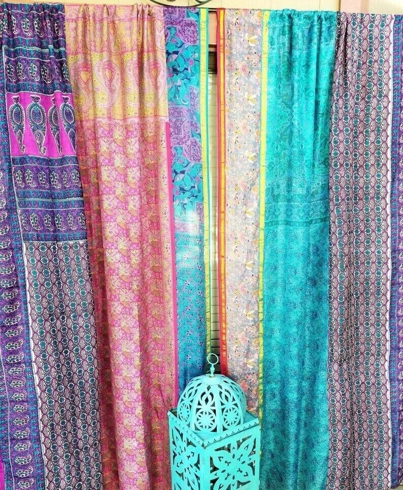 2 Pcs Indian Sari Patchwork Curtain Drape Window Decor Multi Silk Hippie Curtain