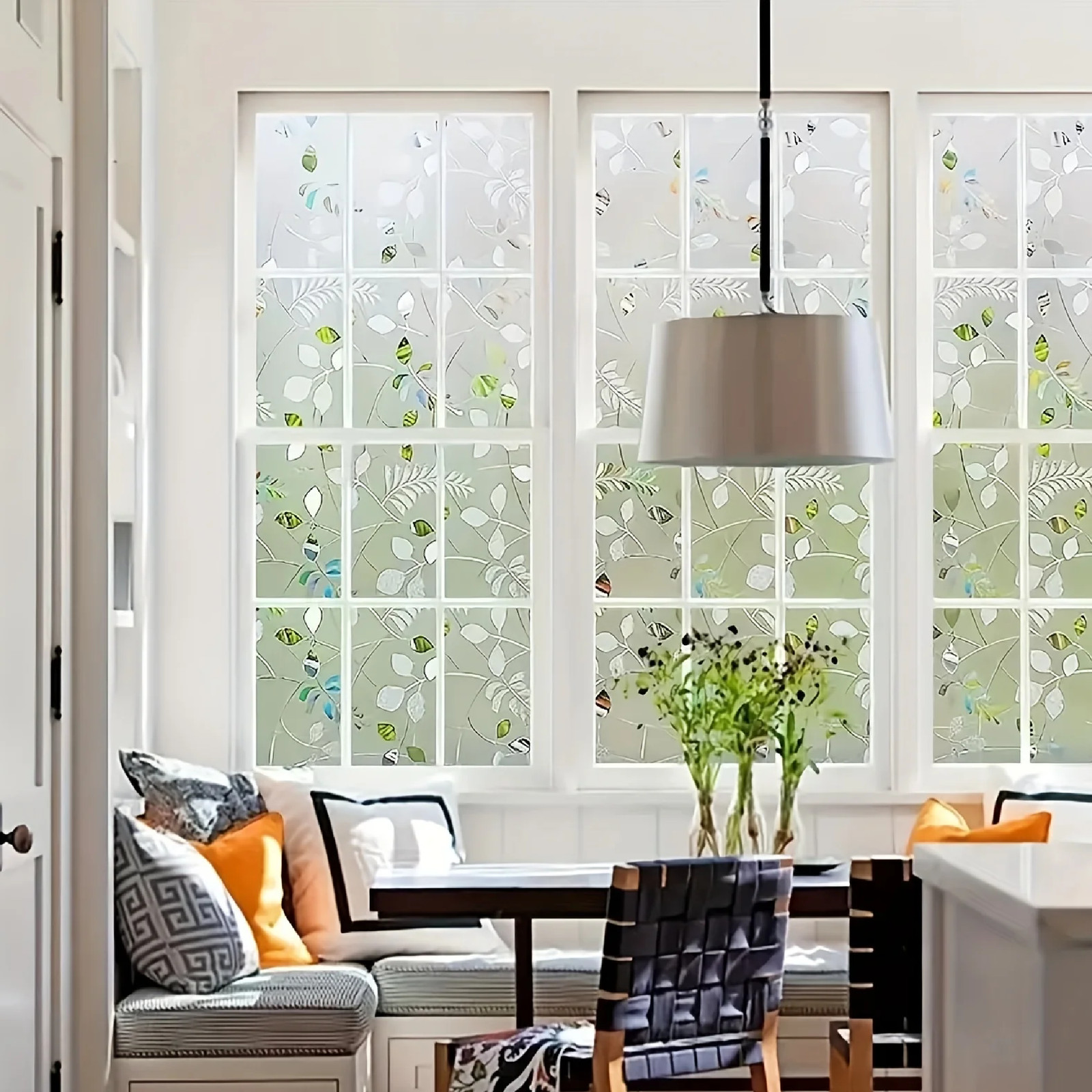 BSHAPPLUS 17.7″x78.7″ Stained Glass Window Film, 3D Leaf Frosted Privacy Film –