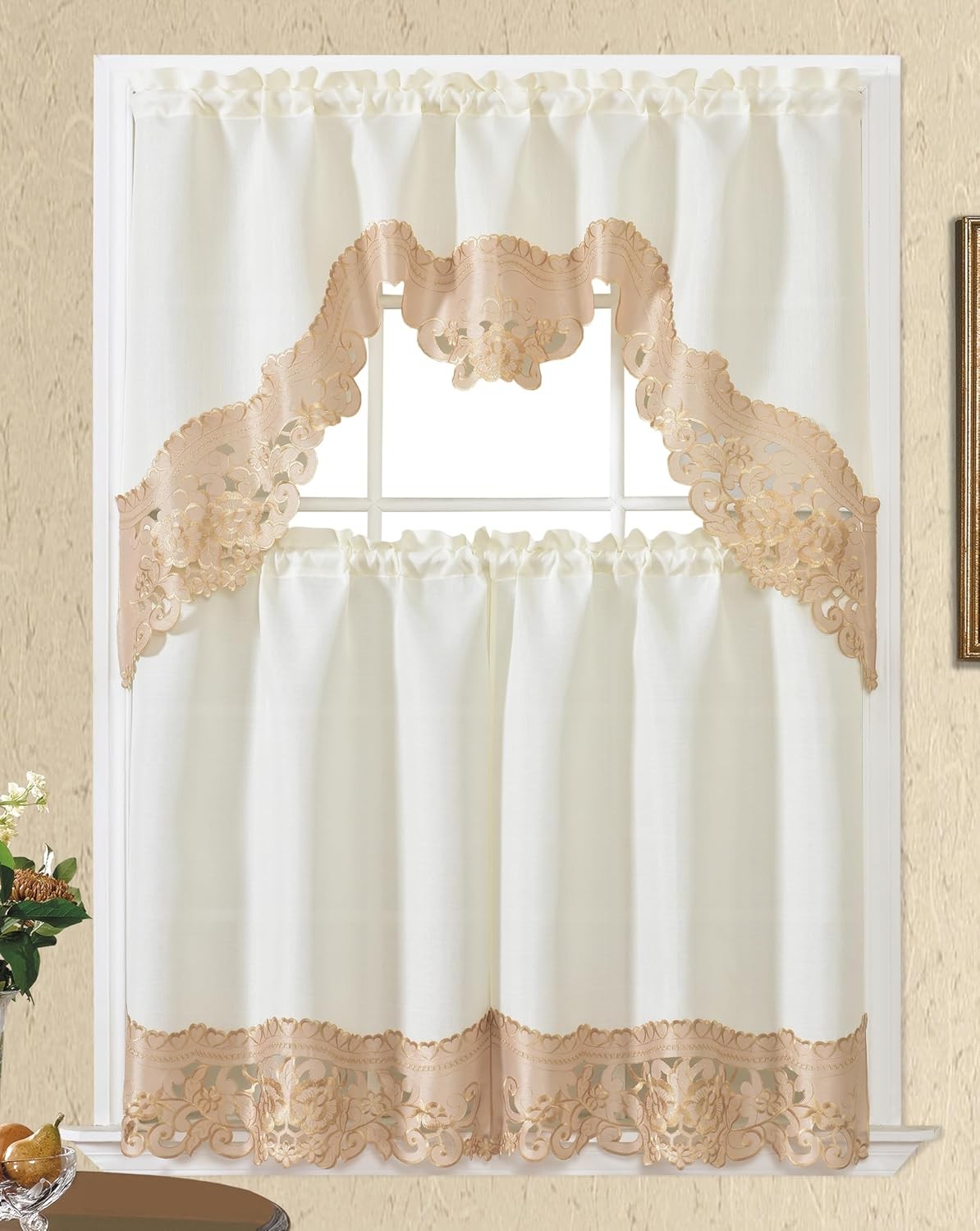 GOHD Arch Rosarium 3pcs Kitchen Curtain Set, Elegant Ivory Fabric with Rose Embr