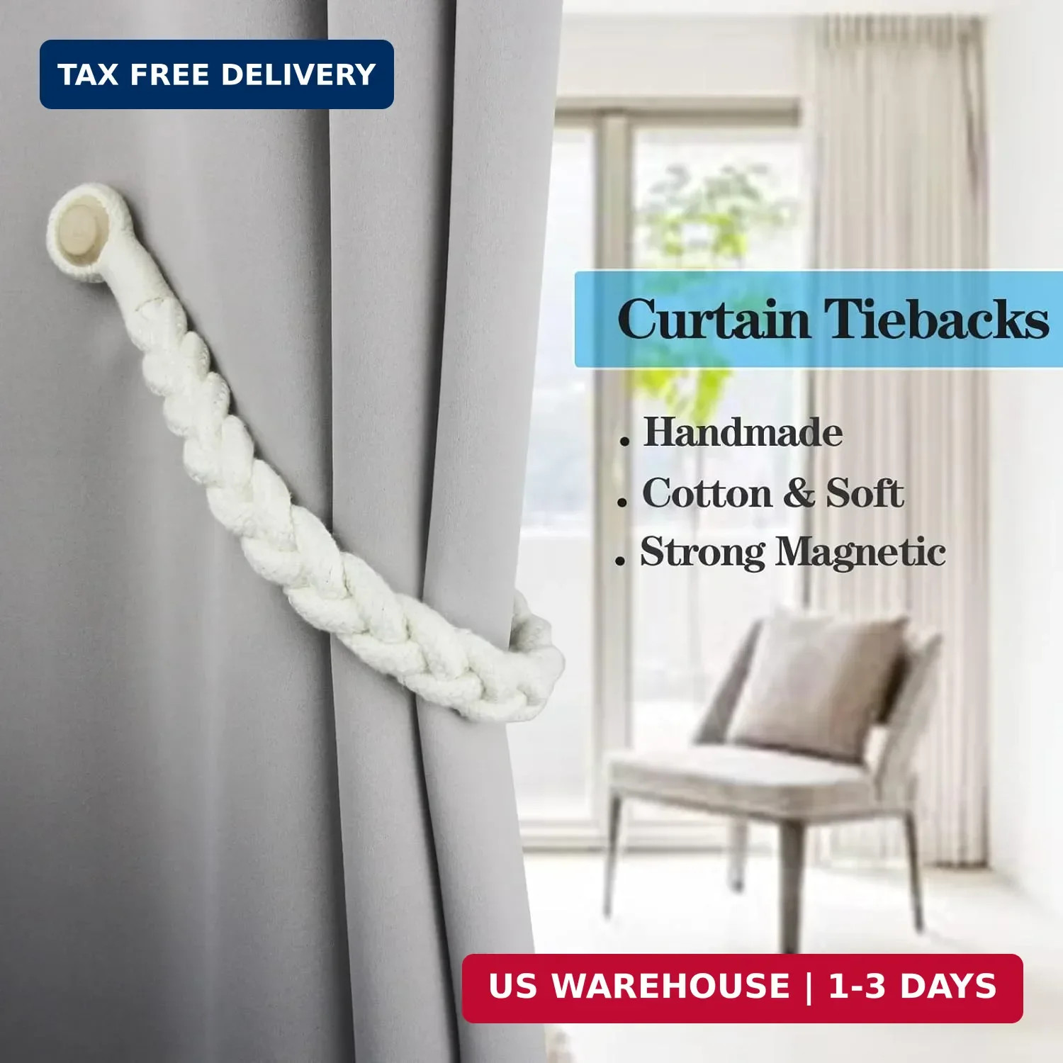 2 Pack Magnetic Soft Curtain Tiebacks Cotton Hand-Woven Tieback Holdback Home De