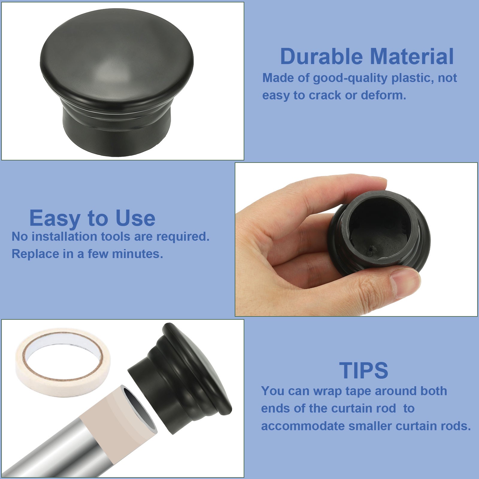 4Pcs Curtain Rod Ends Plastic Fits Dia 26-28mm Rods Window Black