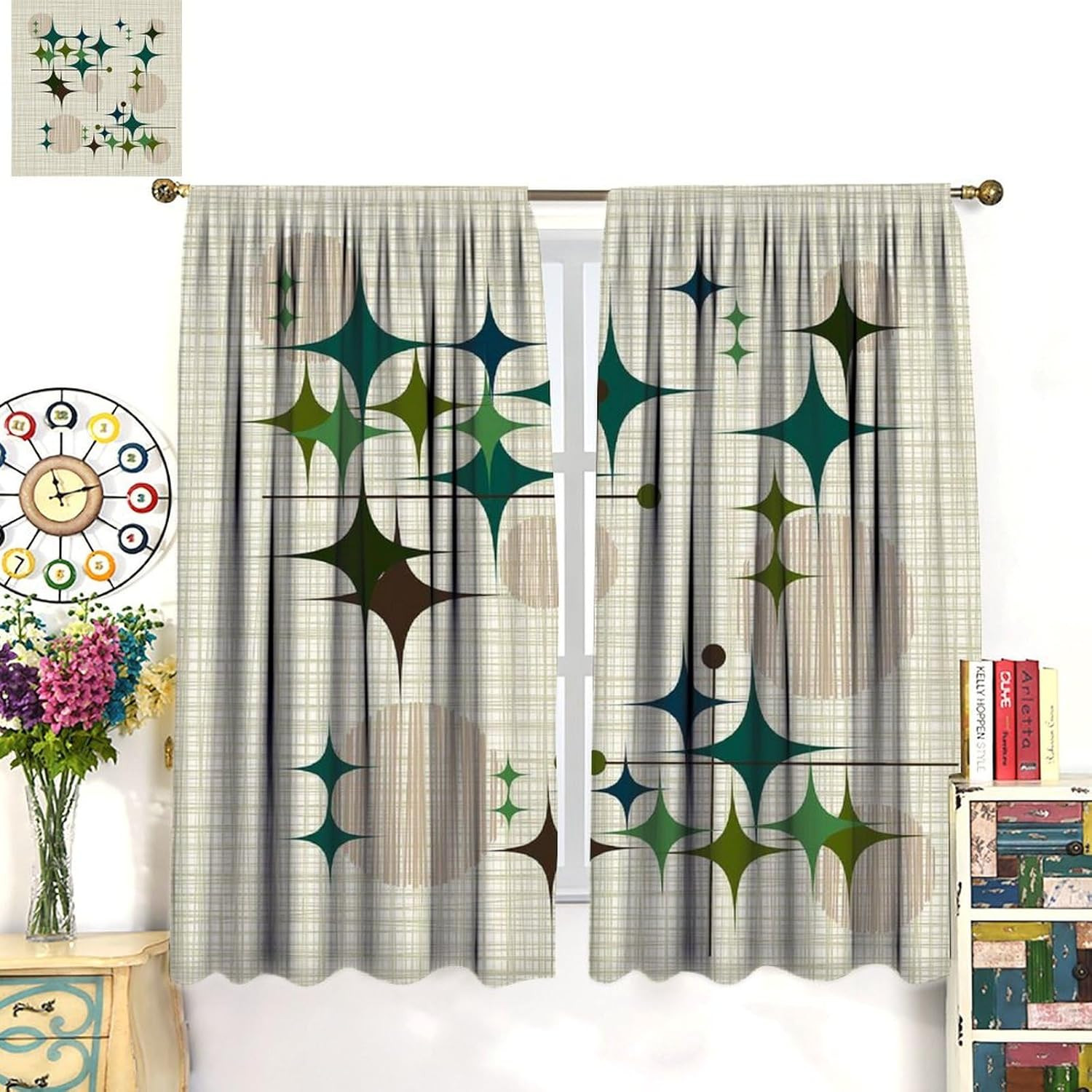 Mid Century Starbursts Window Curtain, Atomic Inspired Print Curtains for Living