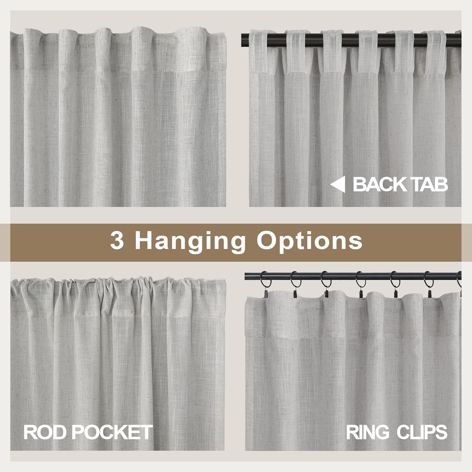 Curtains, light gray linen curtains, semi-transparent, double-layer design
