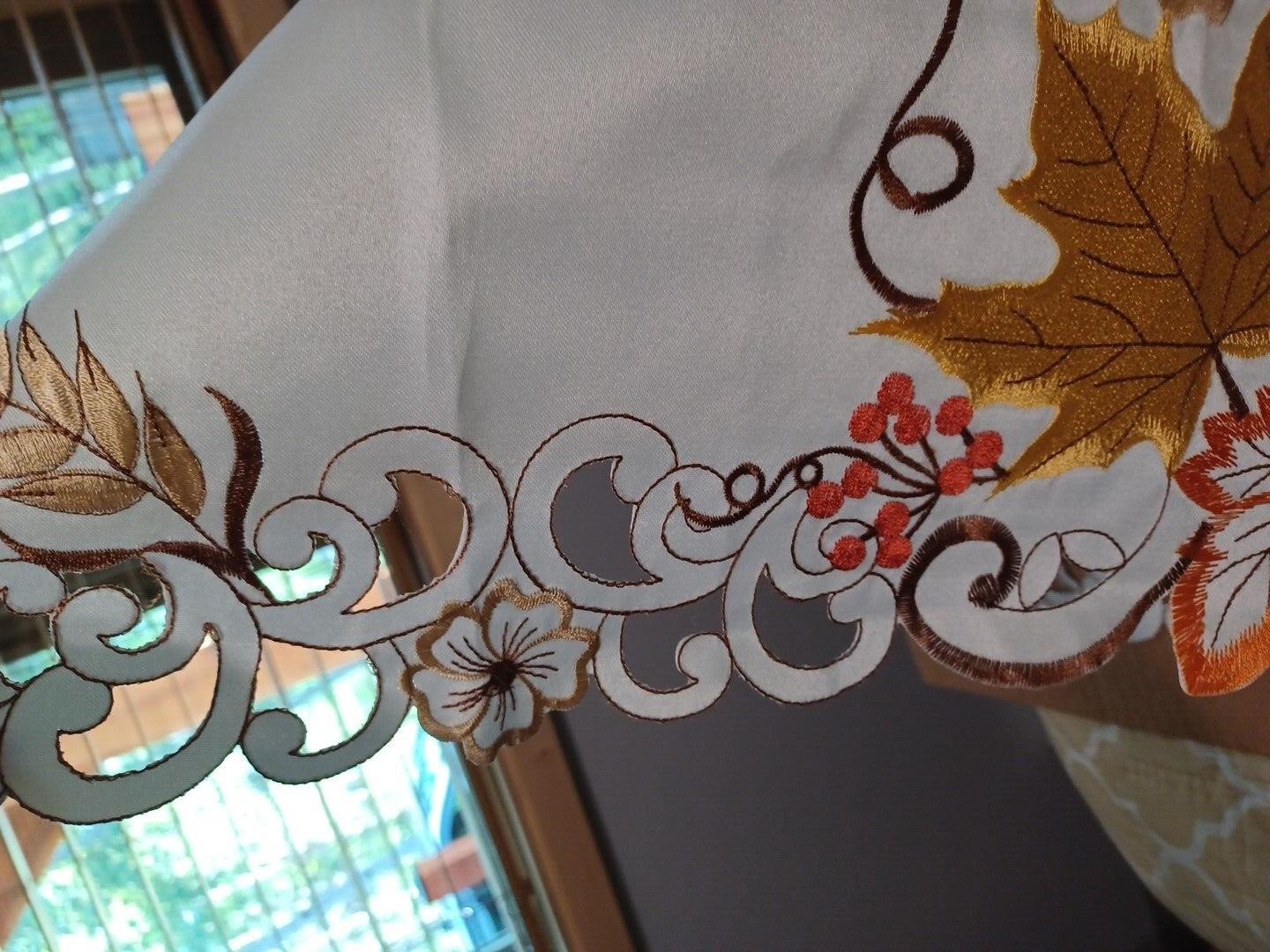 Autumn Fall Leaf Cafe Tier 2 Curtains 24″Length Pair Scallop Embroider Set