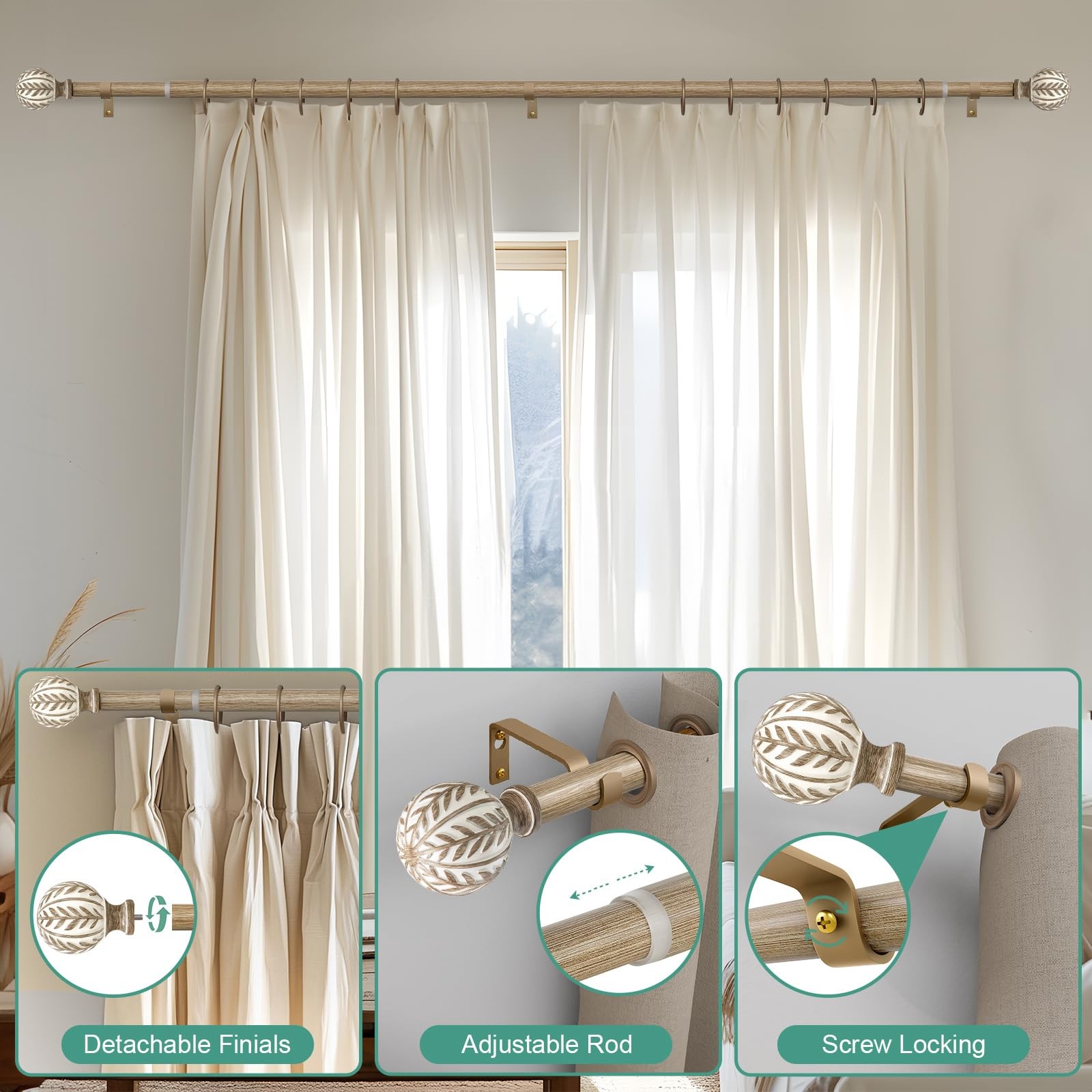Boho Wood Curtain Rods for Windows 48 to 84 inch,1″ Adjustable Heavy Duty Win…