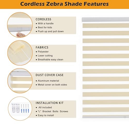 Cordless Zebra Blinds for Indoor Windows Free-Stop 23″W x 72″H Cordless Cream