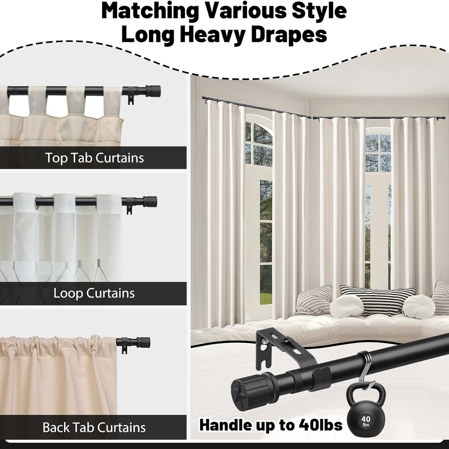 2 set Curtain Rod w/Star for Window size Max to 178″ Wide Heavy Duty 1″ dia tube