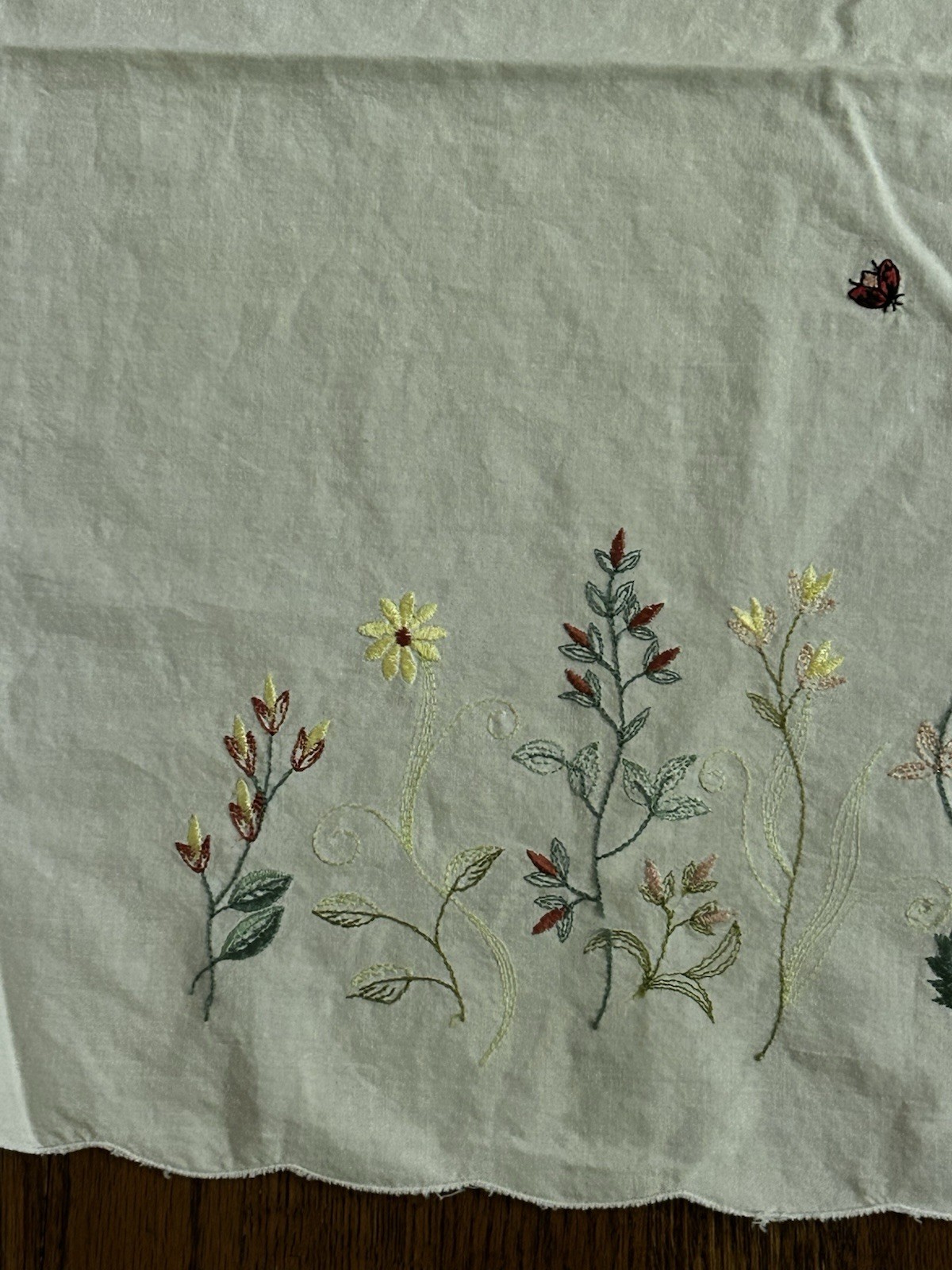 Cottage Style Hand Embroidered Cafe Curtain Panels Floral Ladybug White Scallop