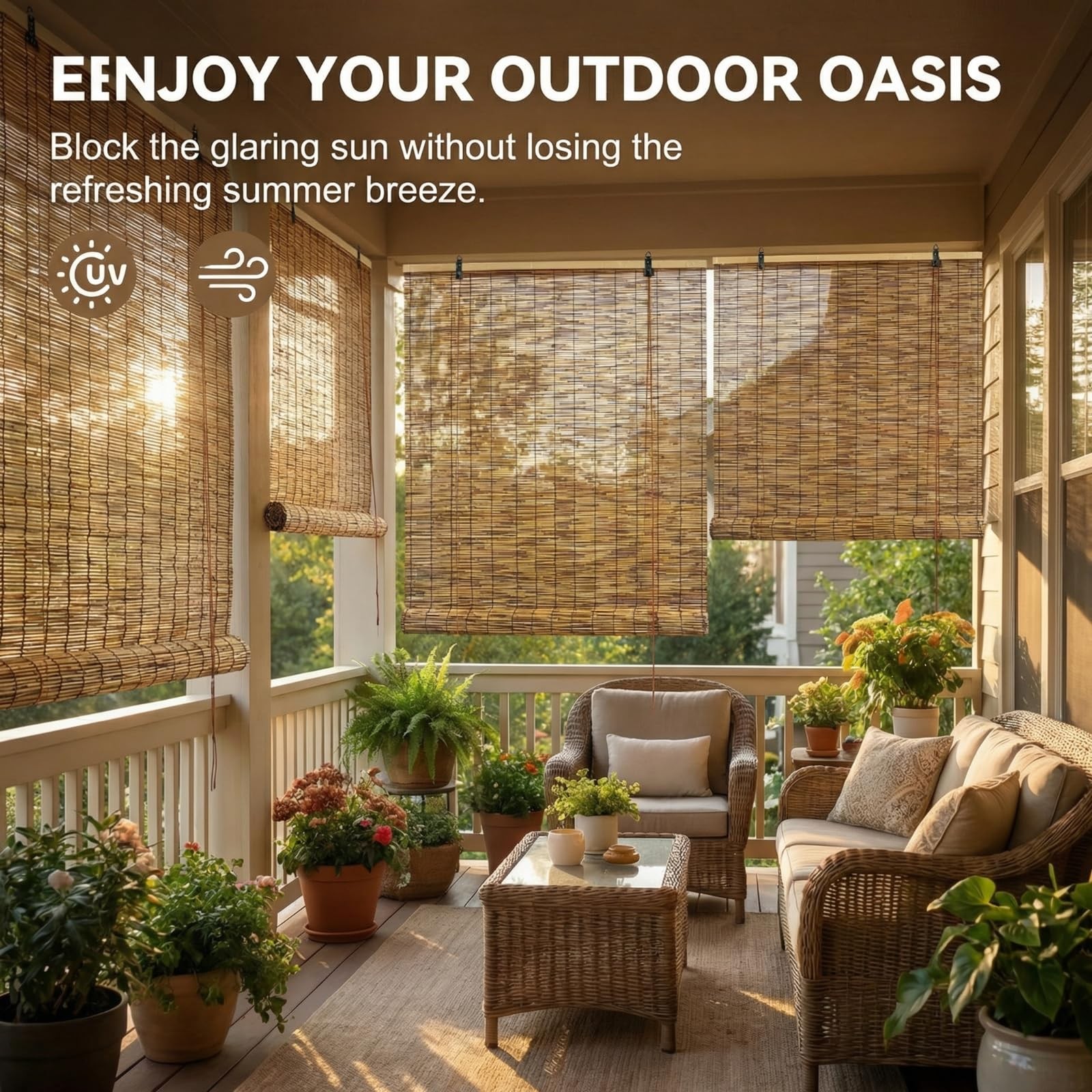 Reed Roll Up Blinds for Windows, Natural Reed Shades for Indoor & Outdoor Use…
