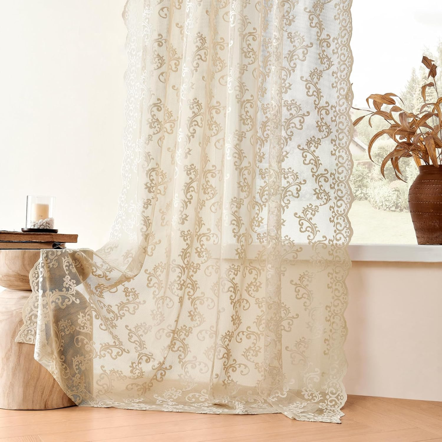 Beige Lace Curtains – 63 Inch Length, 2 Panels Set – Victorian Floral Sheer Curt