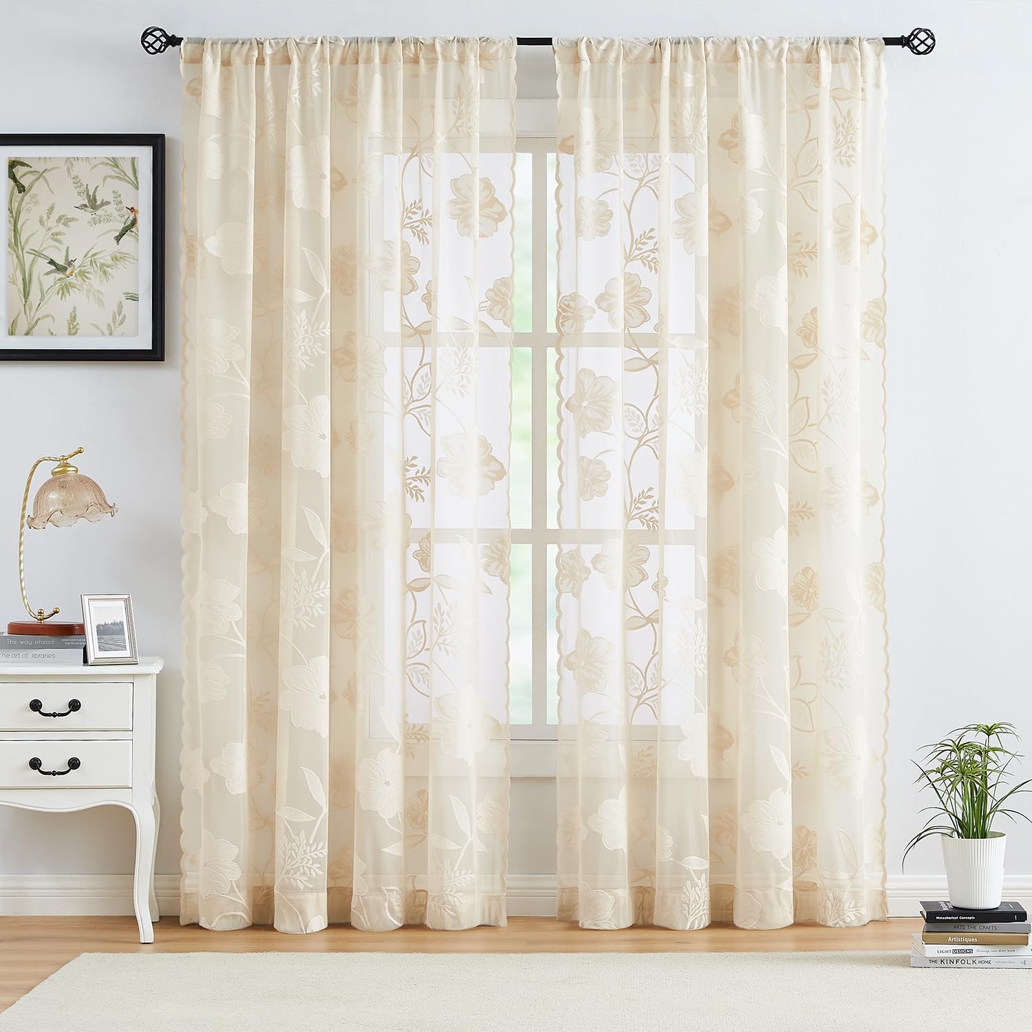 Beige Lace Curtains 63inch Rose Floral and Leaf Sheer Window Curtains for Liv…