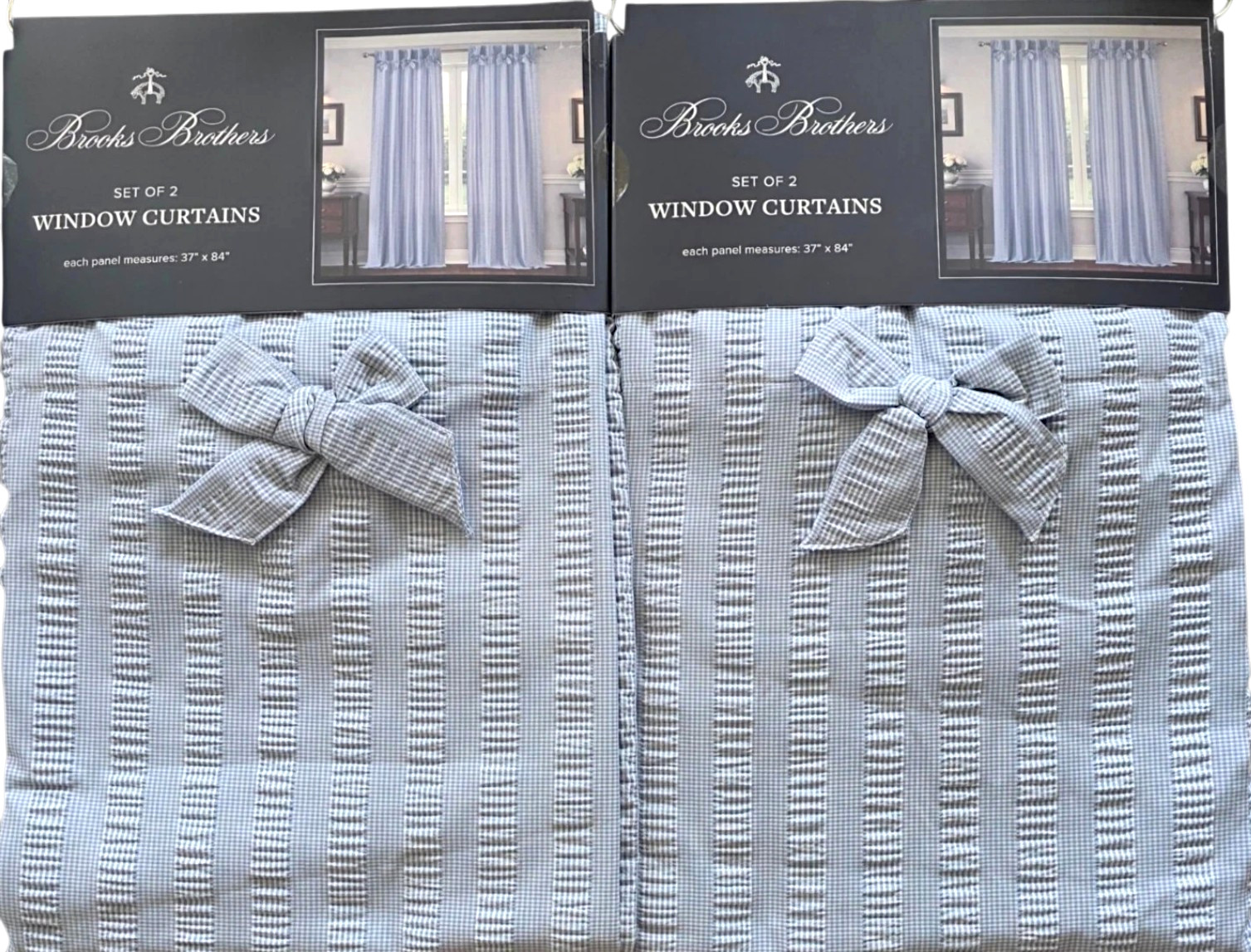 Brooks Brothers Set of 4 Blue Bow Top Gingham Ribbon Curtains 37×84 Window Panel