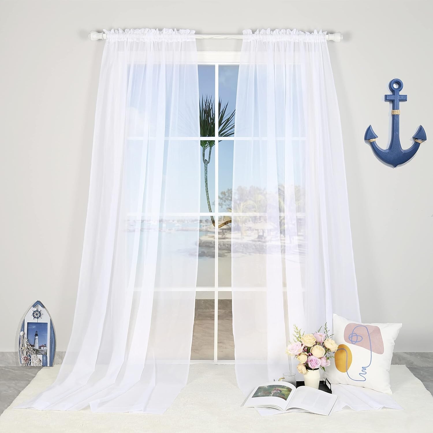 SNUGRAY White Sheer Curtains 59 x 108 In. Classic Rod Pocket Window 2 Panel Set