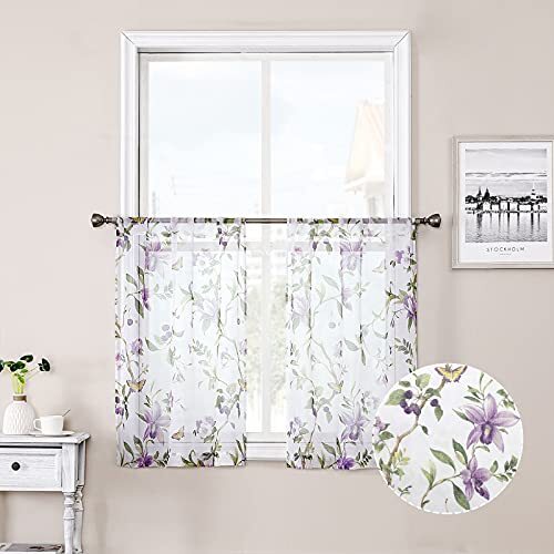 Floral Short Sheer Tier Curtains Cherry Flower Butterfly 30″W x 24″L Purple