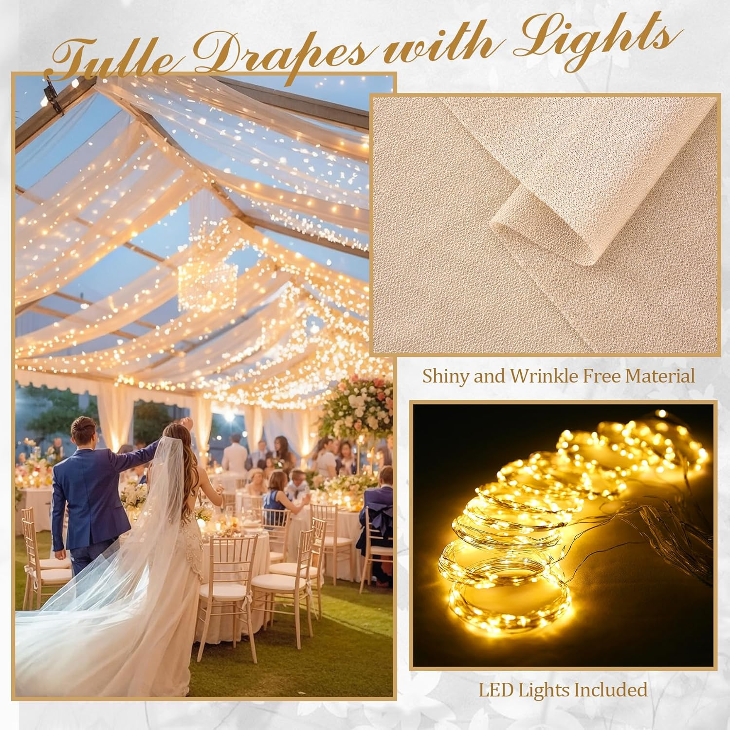 10Ft Champagne Ceiling Drapes w Lights – 6 Panels for Wedding Arch Curtains