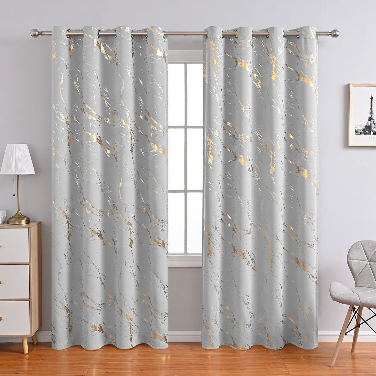 Luxury Marble Pattern Curtain 1 Panel with Gold Foil Design for Living Room