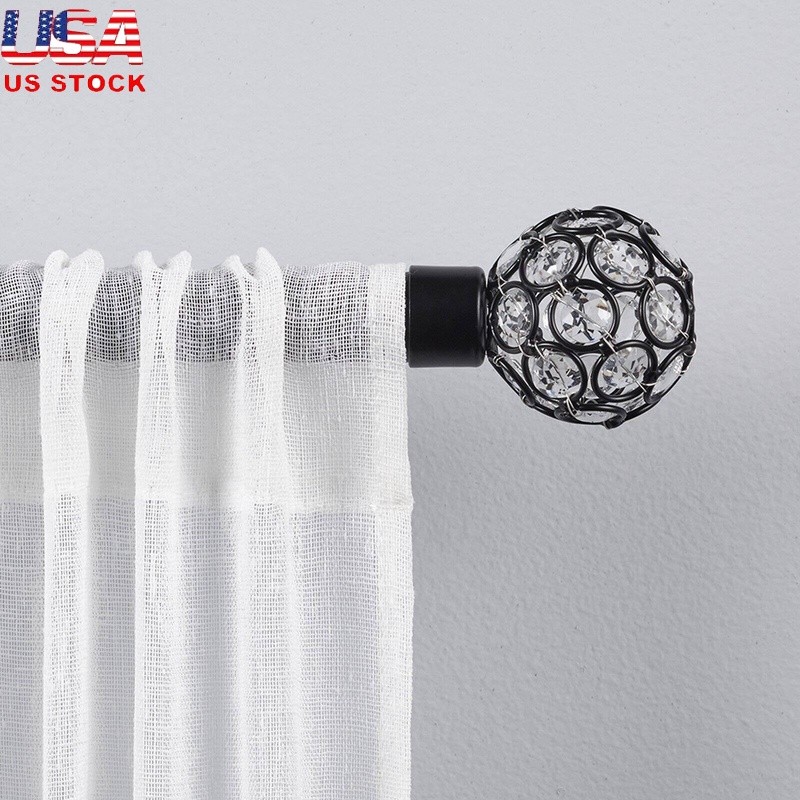 Matte Black Adjustable Curtain Rod Set W/ Faux Crystal Finials 66-120 Inch New