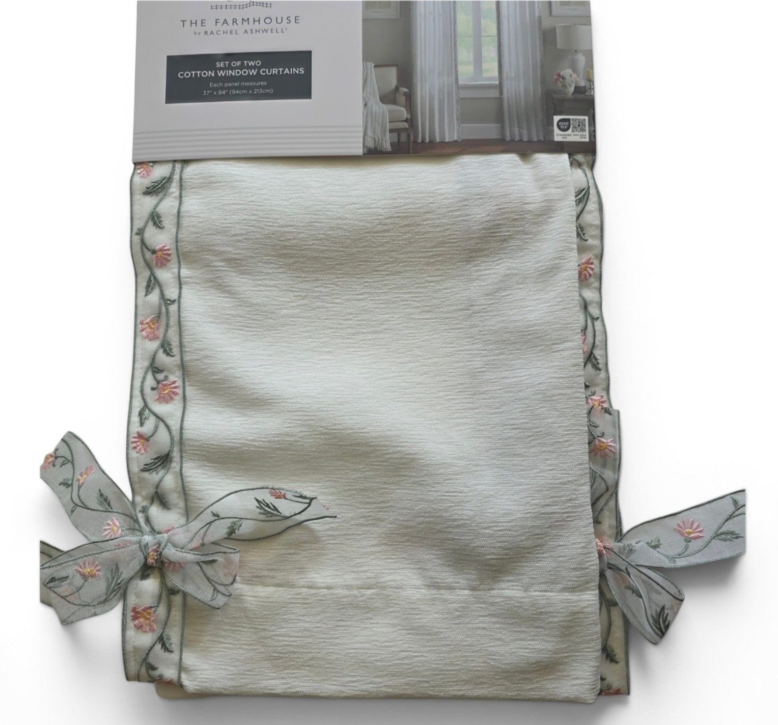 NEW Rachel Ashwell Farmhouse Bow Embroidered Curtains Set of 4 Ivory 37×84