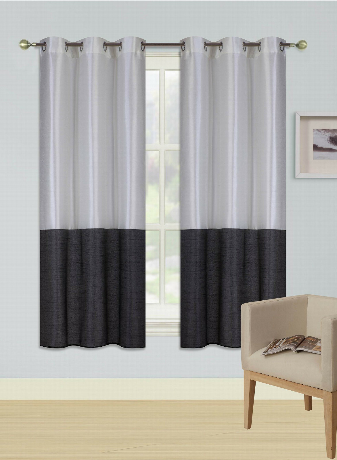 2PC Set Color Block Faux Silk Window Curtains Lined Blackout Match EID 95″ LONG