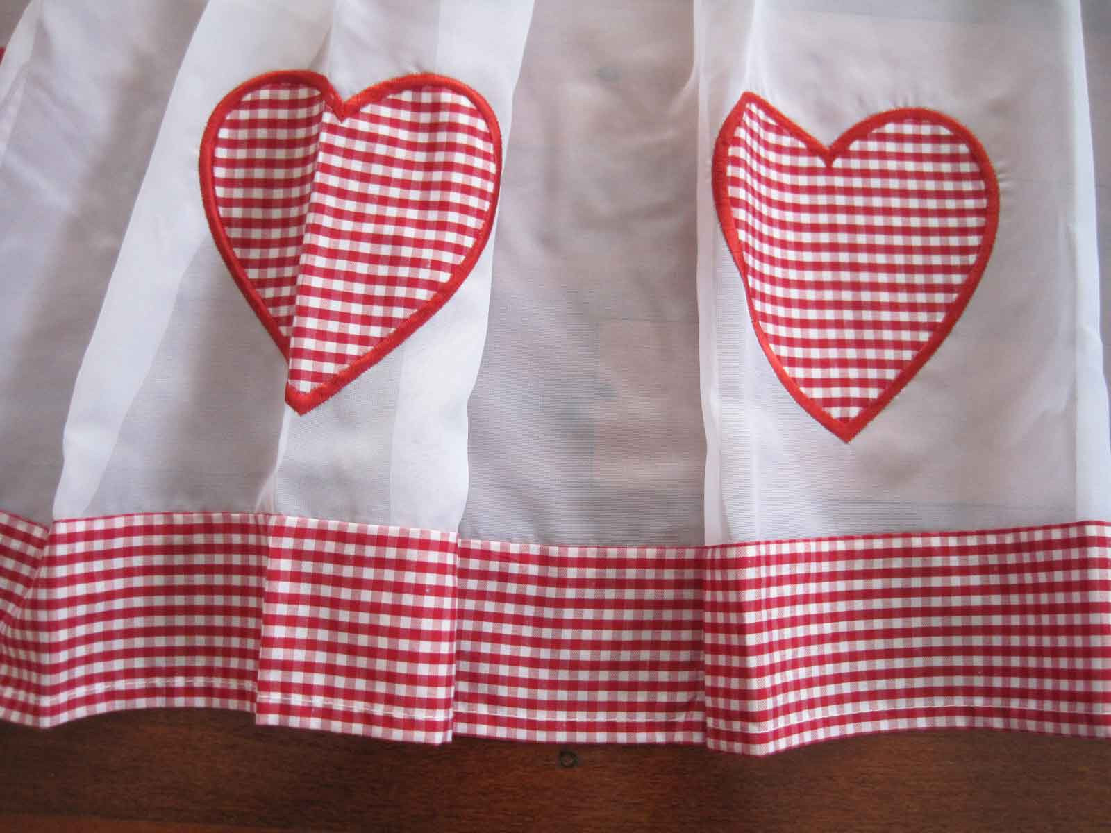 Clearance 50%OFF Red White Gingham Heart Applique Embroidery Tape Sheer Curtain