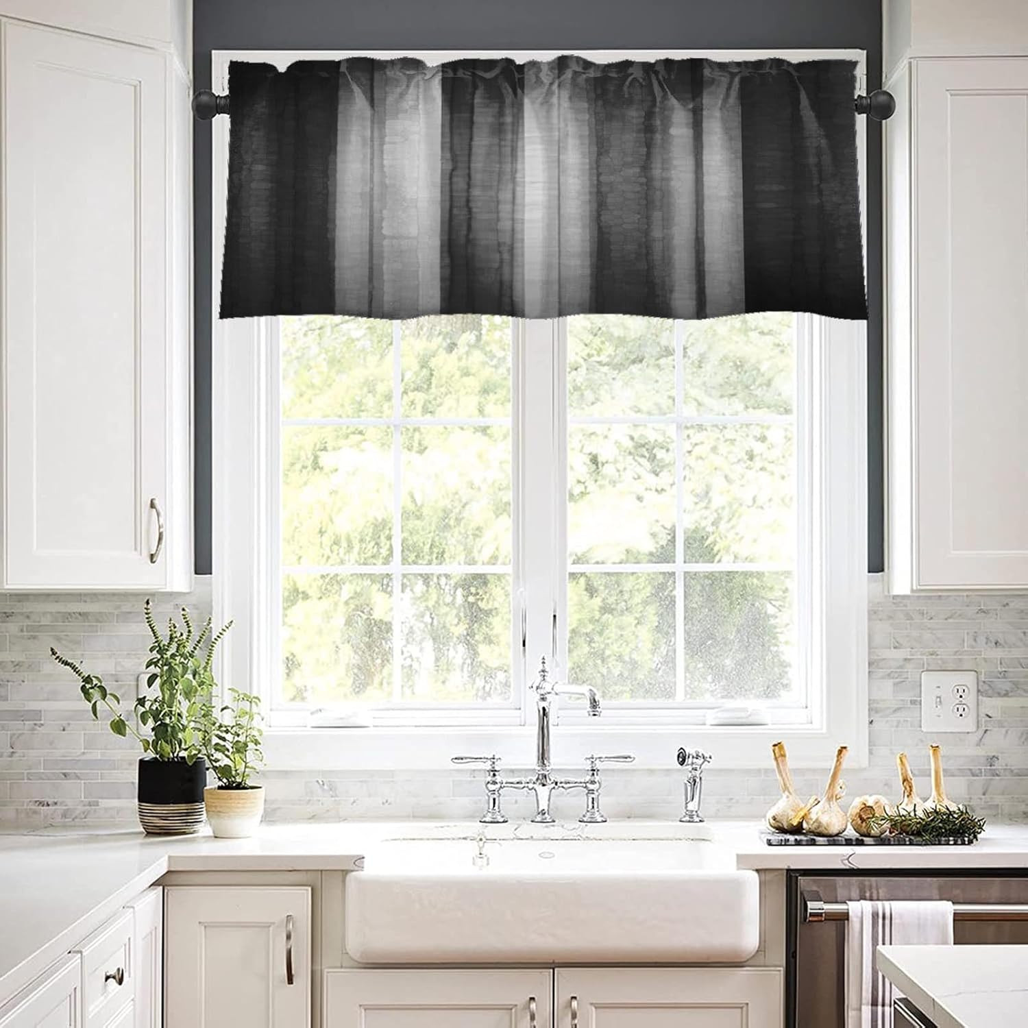 2 Pack Dark Grey Valances Window Treatments, Gray Striped Abstract Blackout Drap