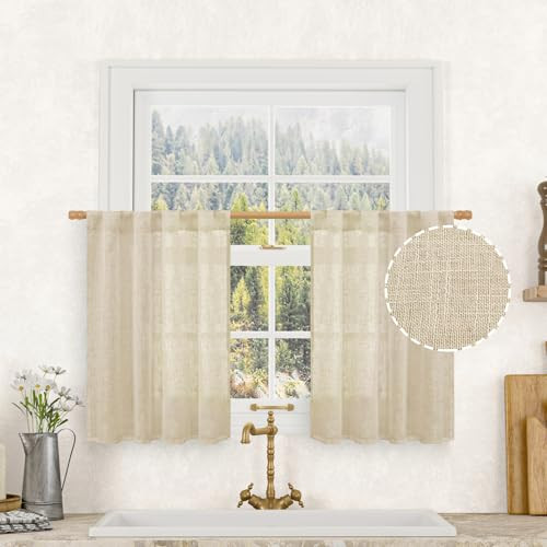 30 Inch Cafe Curtains for Kitchen Window, Semi 34″W x 30″L (Pack of 2) Linen