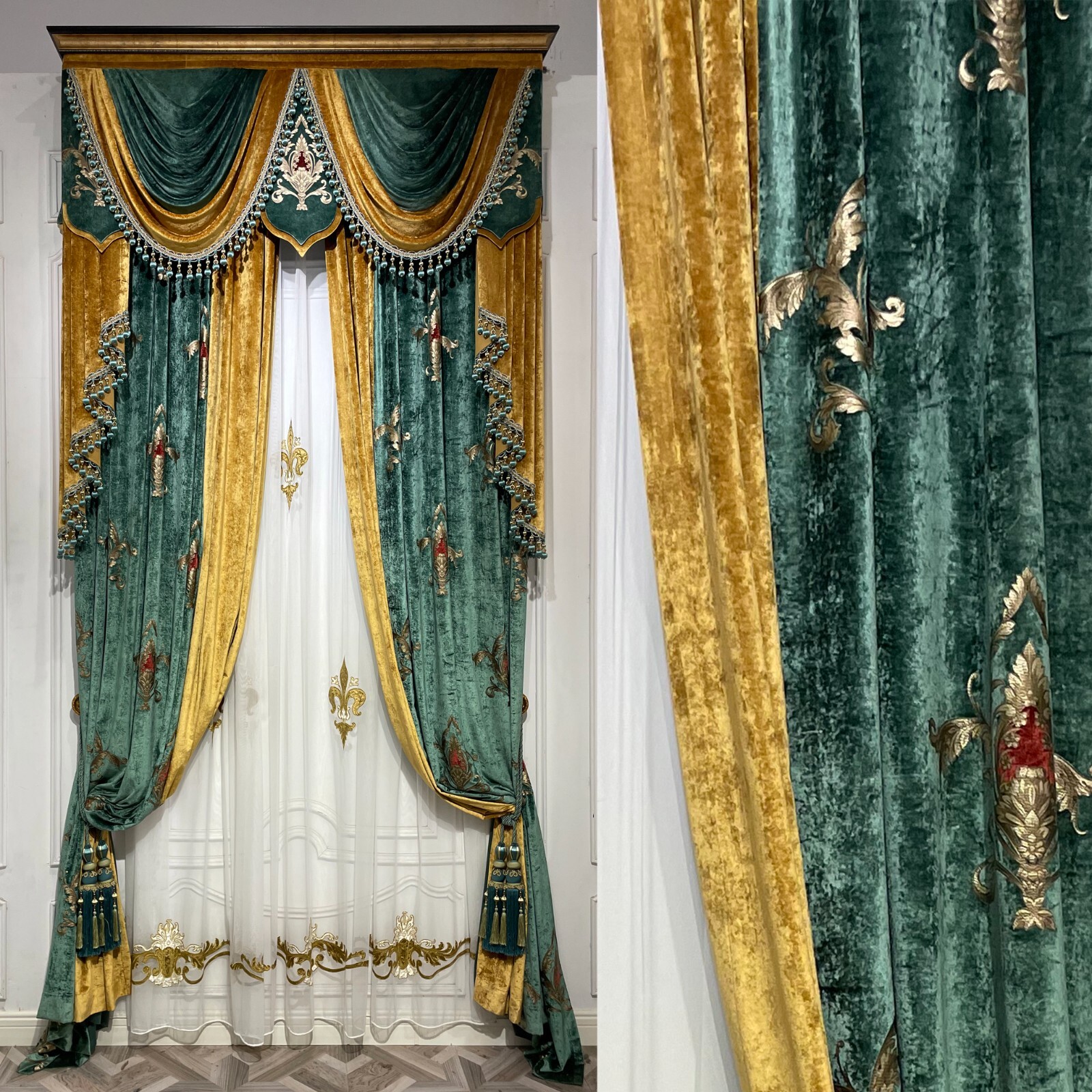 Custom Noble villa window velvet green thick cloth valance curtain drape C1981