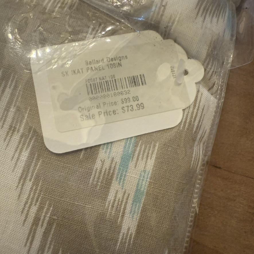 NIB Ballard Designs Suzanne Kasler Ikat Curtain Panel 108in Natural Aqua Linen