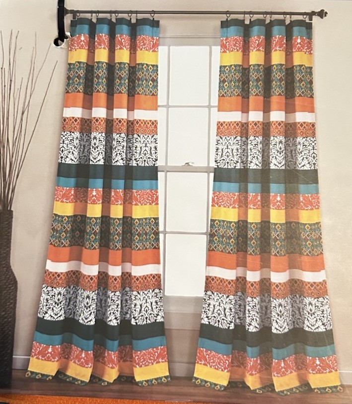 New Boho Stripe Window Curtain 52″W x 84″L Pair Turquoise & Tangerine Geometric