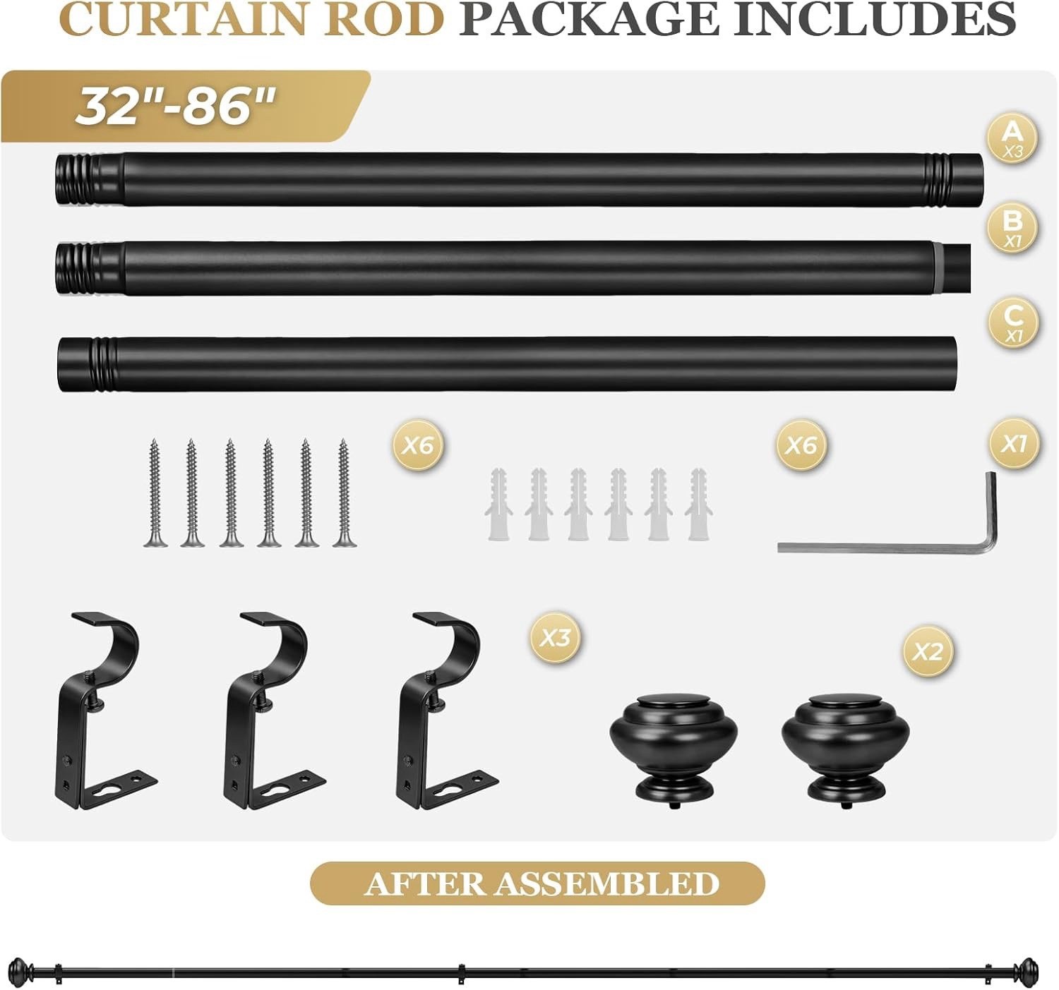 1 Inch Black Curtain Rods Heavy Duty 48 To 84 Inch Standard Decorative Set