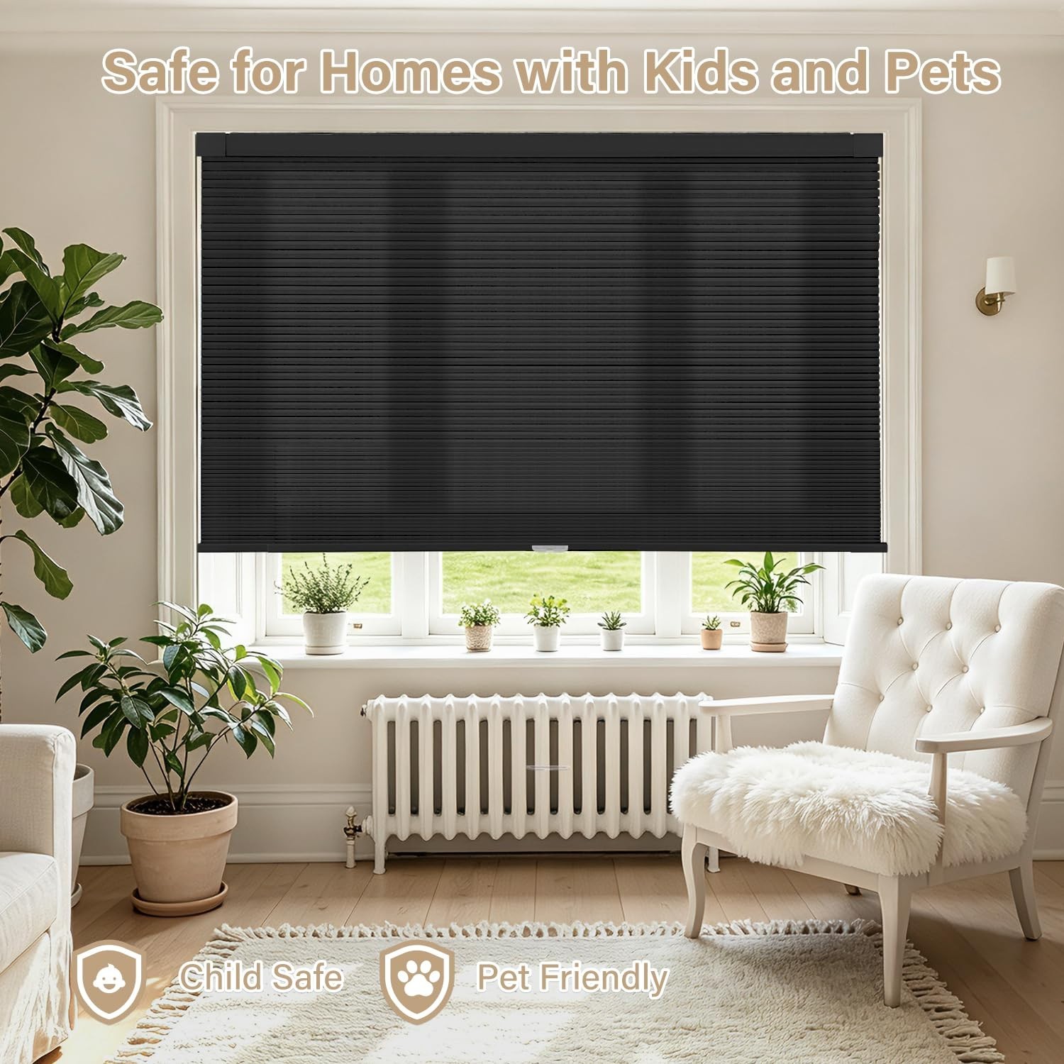 34×48 No Drill Cordless Light Filtering Cellular Shade – Black Window Covering