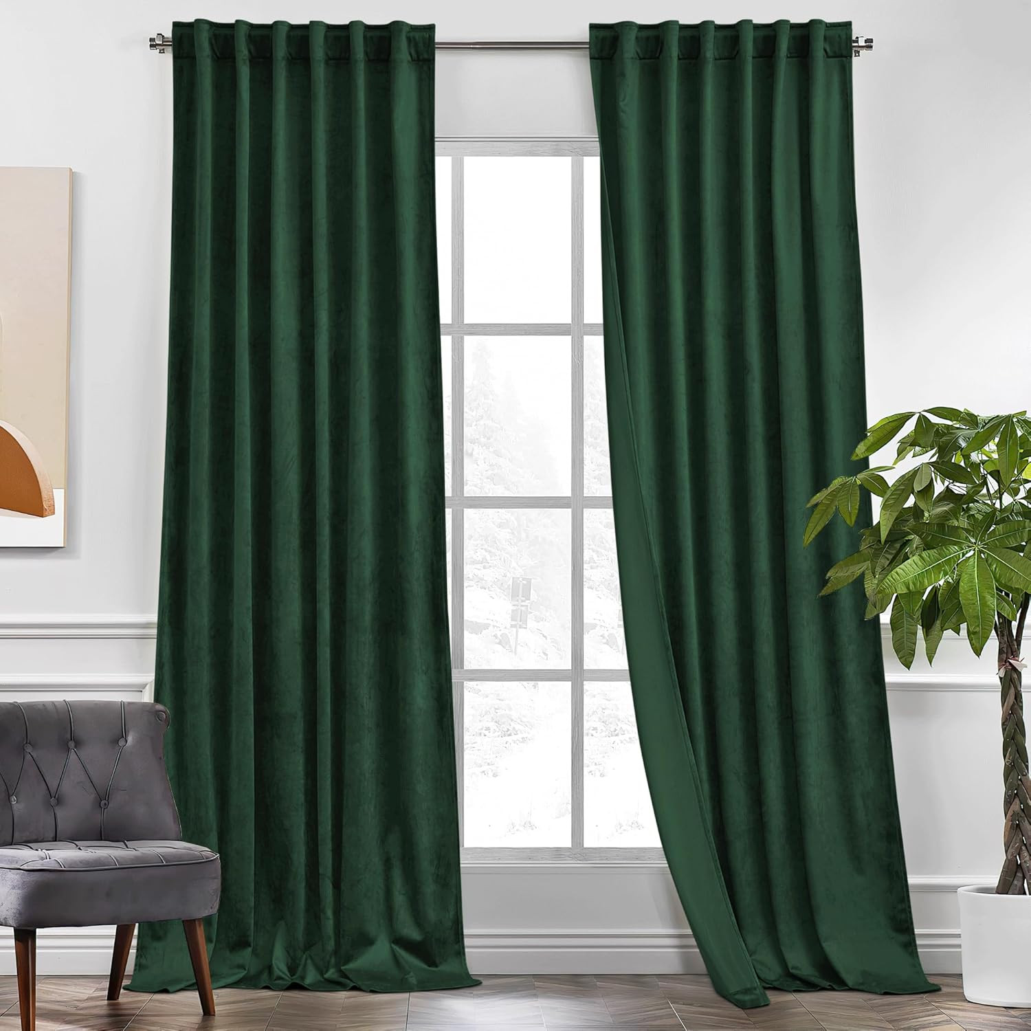 Hunter Green Velvet Curtains 120 Inches Long 2 Panels, Extra Long Blackout Curta