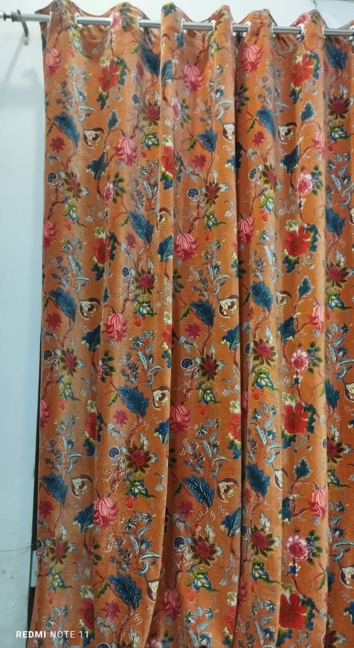 Cotton Velvet Rust Color Floral Print Luxury Curtain Drapes Housewarming Gifts