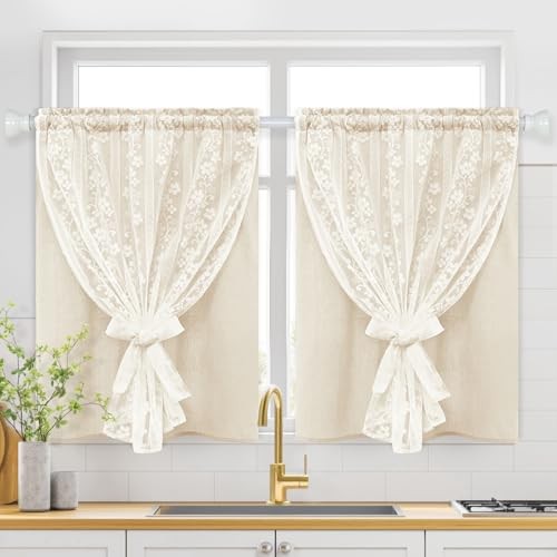 Linen Kitchen Curtains 36 Inch Length, Double 26″W x 36″L (Pack of 2) Beige