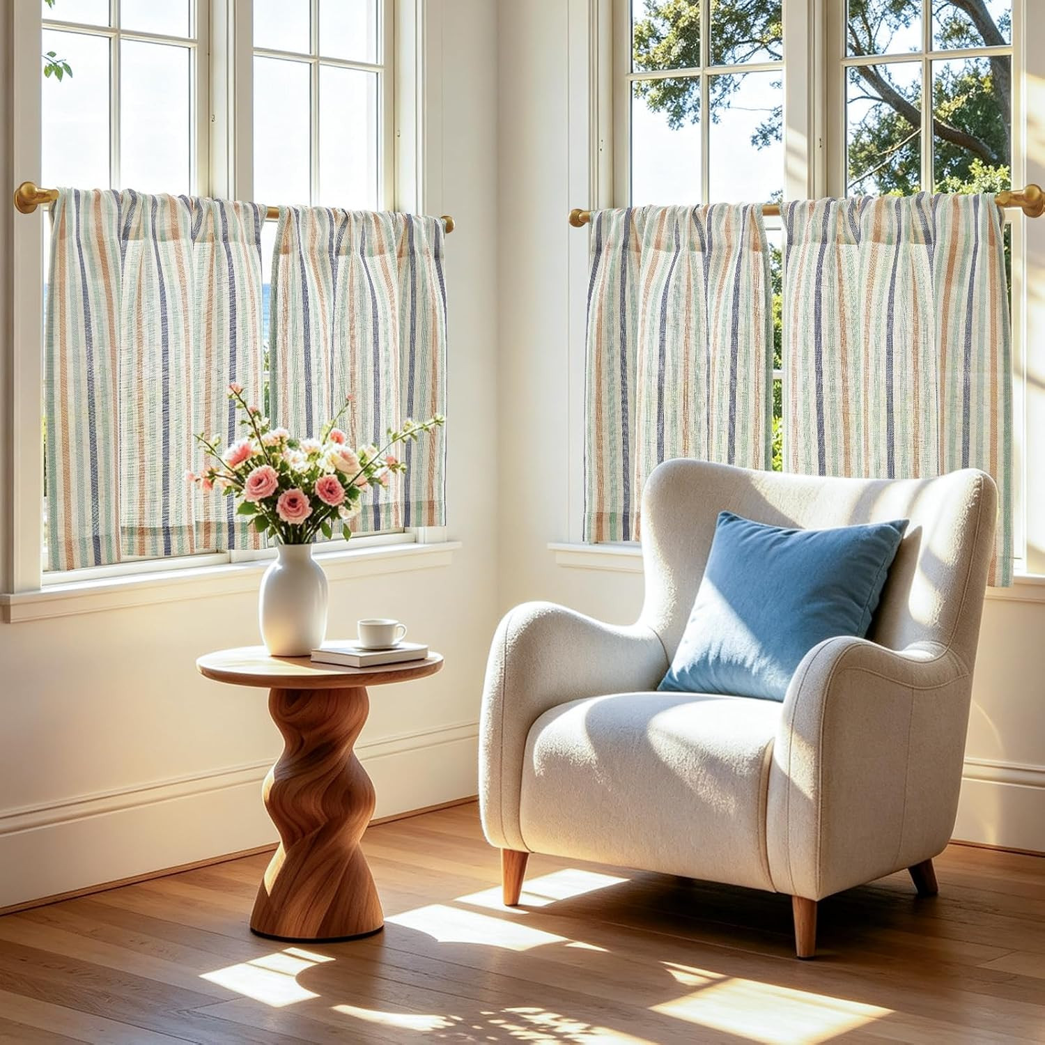 Striped Linen Kitchen Tier Curtains, 20 Inch, Coastal, 2 Panels | Light-Filterin