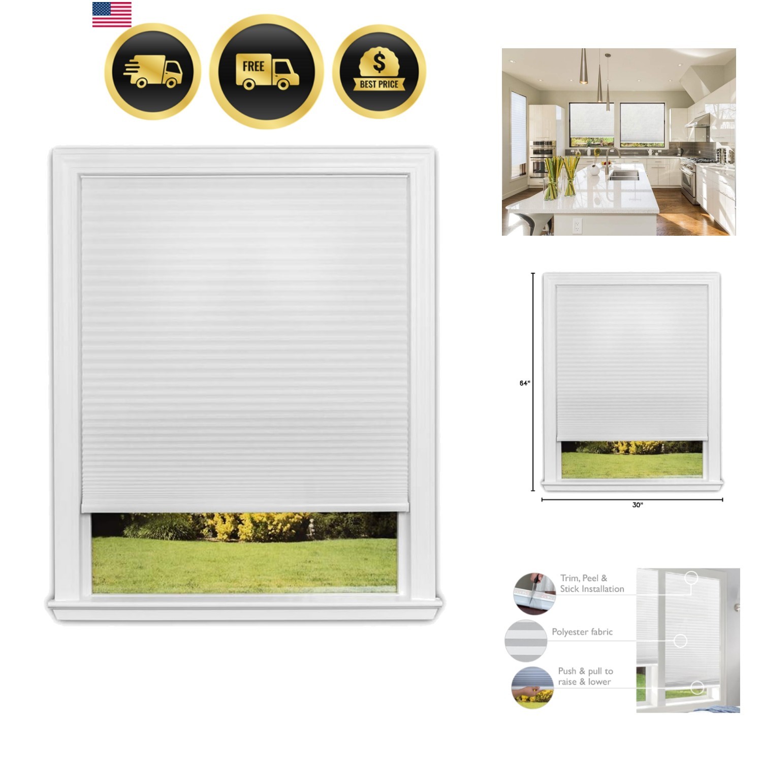 No Tools Easy Lift Trim-at-Home Cordless Cellular Light Filtering Fabric Shad…