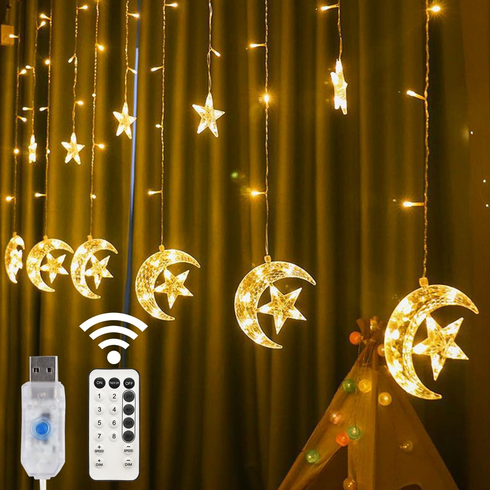 138 LED Star Moon Curtain String Light USB Remote 8 Mode Warm White Decor