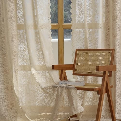 Scalloped Floral Lace Curtains- Vintage Semi 52″W x 96″L (Pack of 2) Beige