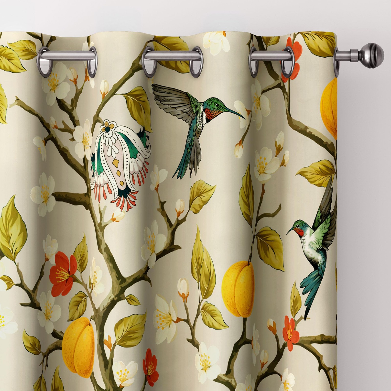 Khaki Floral Hummingbird 100% Blackout Drapes 84″ Thermal Grommet 2 Panels