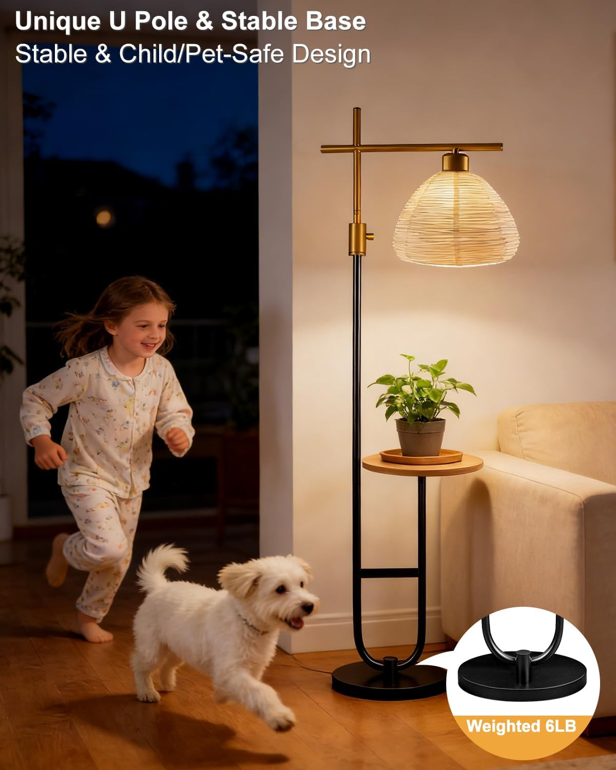 Gold & Black Dimmable Floor Lamp with Storage Table for Living Room/Bedroom