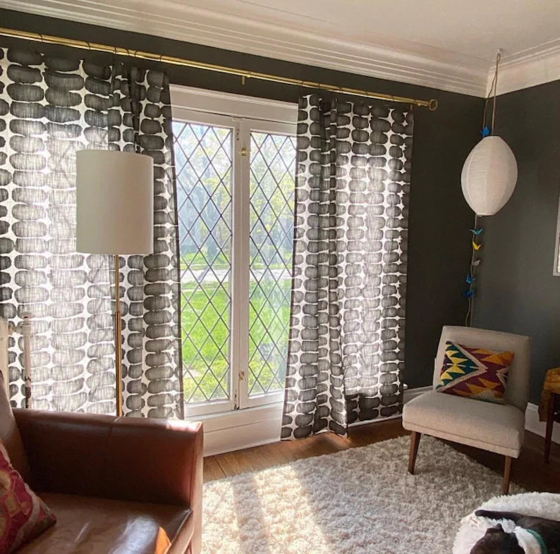 Curtains Made in USA, Shibori Dot Grey Charcoal Black, Medium Weight Cotton Slub