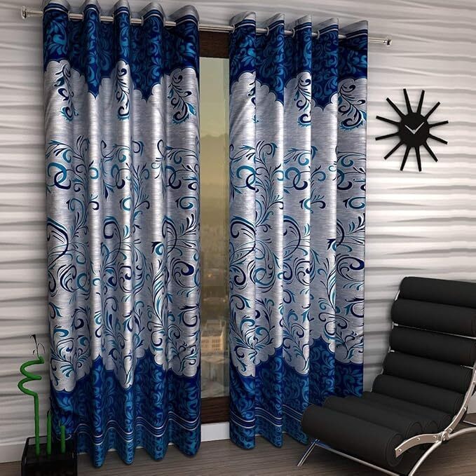 2 Pieces Blue Classic Panel Polyester Door Curtains 5 7 9 Feet