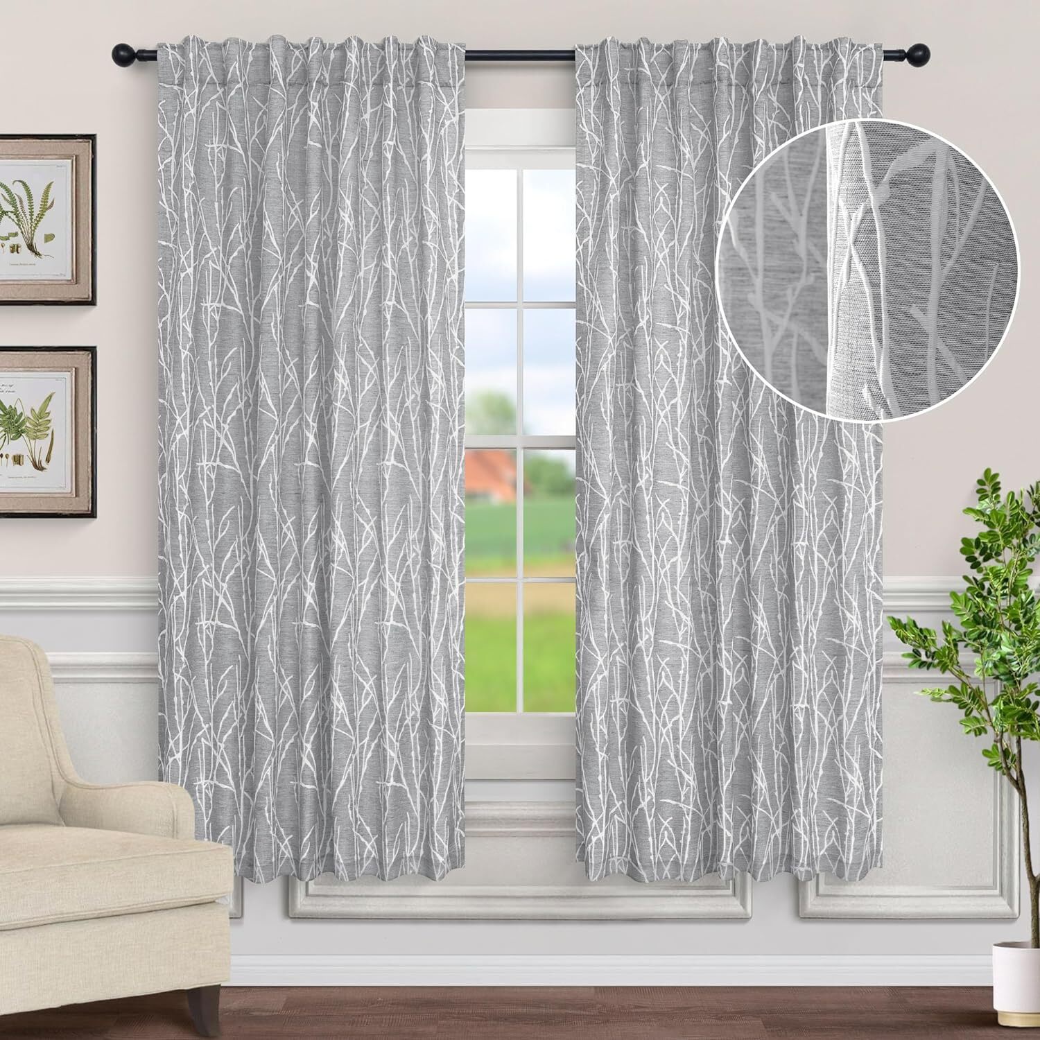 84″ Linen Textured Curtains 2 Panels Gray White Tree Branch Semi Blackout Farmho