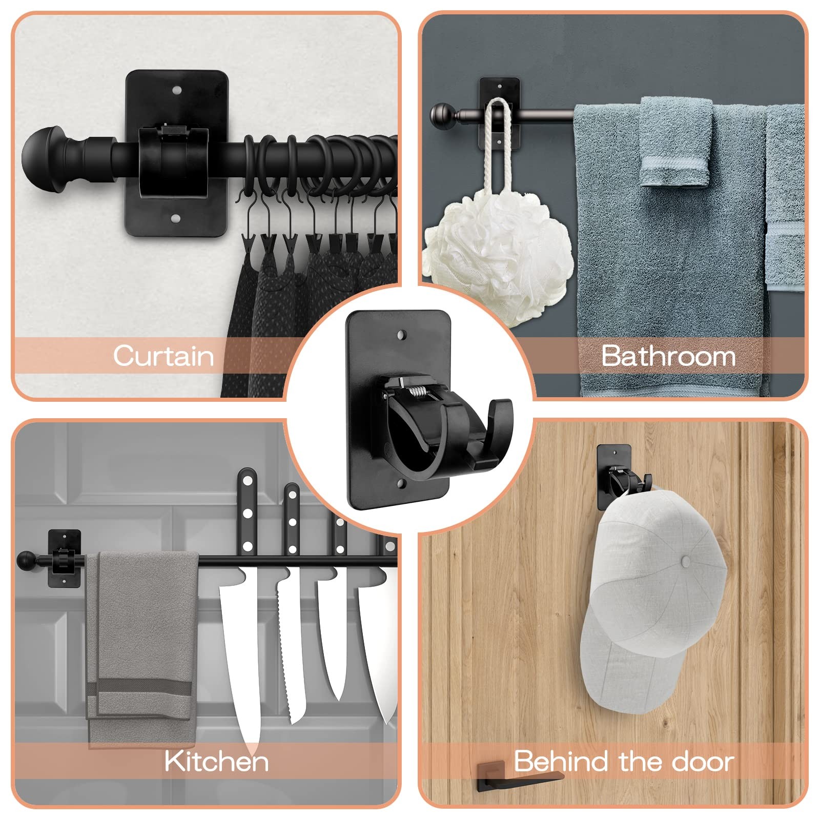 6-Pack Curtain Bracket Holders, Universal Self-Adhesive Wall Mounts, Fits 0.6…