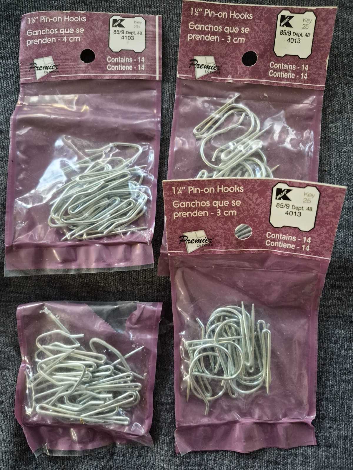 Kmart Pin-On Heavy Duty Hooks 2 Packs of 14 Count 1 1/4″ & 2 pack 1 1/2″ NOS